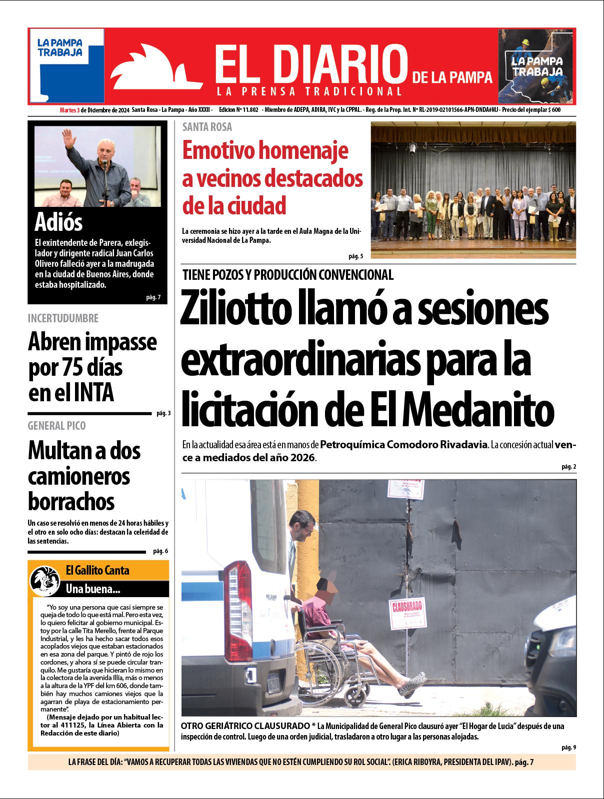 Tapa de El Diario en papel  martes 03 de diciembre de 2024